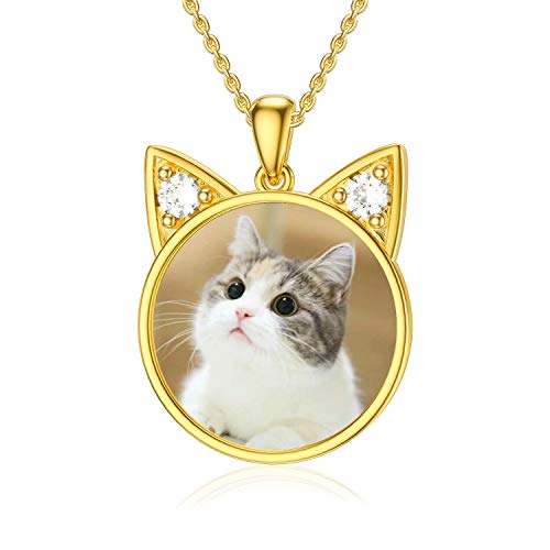 SLIACETE Personalisierte Katze Halskette für Bild, benutzerdefinierte Tier Mensch Haustier Hund Foto Katze Kopf Anhänger Halskette Erinnerungsgeschenk für Mädchen Frauen (Gelbgoldfarbe) von SLIACETE