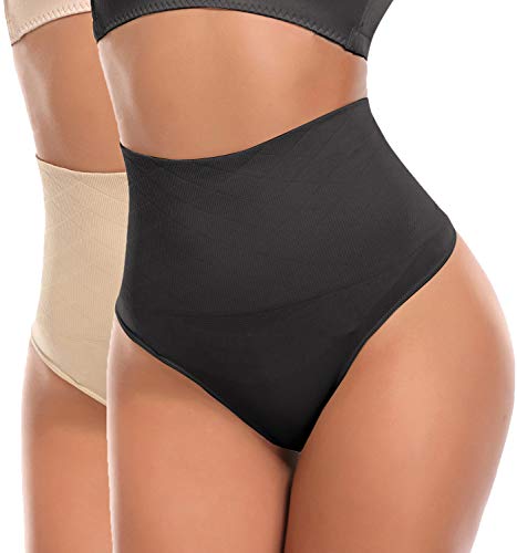 SLIMBELLE Damen Bauch Weg Mieder String Tanga Slip Figurenformend Miederpants Shapewear Unterwäsche, Schwarz+ Beige, Gr.- M(DE 36) von SLIMBELLE