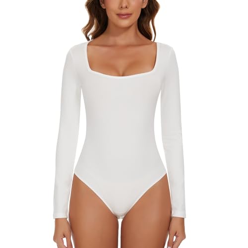 SLIMBELLE Body Damen Langarm Quadratischer Kragen Bodysuit Body Anzüge Tanga Langarm Top für Frauen (Weiß,L) von SLIMBELLE