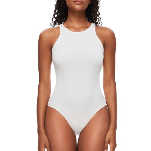 SLIMBELLE Damen Ärmellos Body Rundhals Ärmellose Bodysuit Tanktops Elegant Sexy Bodysuits Tops Lässiger Stringbody Bodys für Damen (Weiß,M) von SLIMBELLE