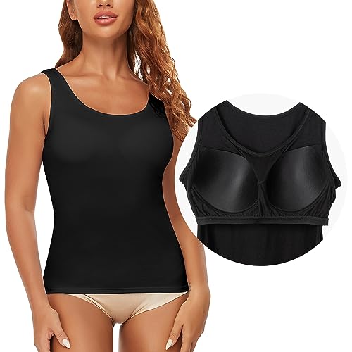 SLIMBELLE Damen BH Hemd Unterhemd Basic Top mit Integriertem BH Breite Träger Seamless Camisole mit Cups Ohne Bügel Rundhals Gepolstertes Hemdchen Bustier Skinny Tanktop Bralette Bra Shirt Schwarz,M von SLIMBELLE