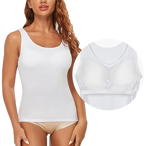 SLIMBELLE Damen BH Hemd Unterhemd Basic Weißes Top mit Integriertem BH Breite Träger Seamless Camisole mit Cups Ohne Bügel Rundhals Gepolstertes Hemdchen Bra Top Bustier Bralette Shirt(Weiß,XL) von SLIMBELLE