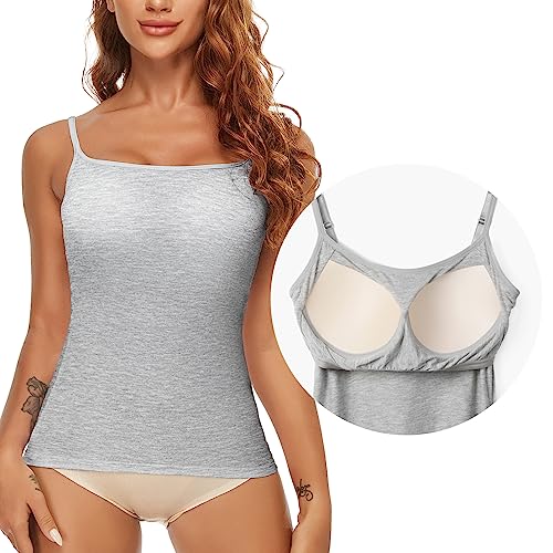 SLIMBELLE Damen BH Hemd Unterhemd Spaghettiträger Top Ohne Bügel Unterhemden mit BH Integriert Basic Polster Trägertop Padded Camisole Hemdchen mit Cups Einsatz Bustier Bralette Shirt(Grau,S) von SLIMBELLE