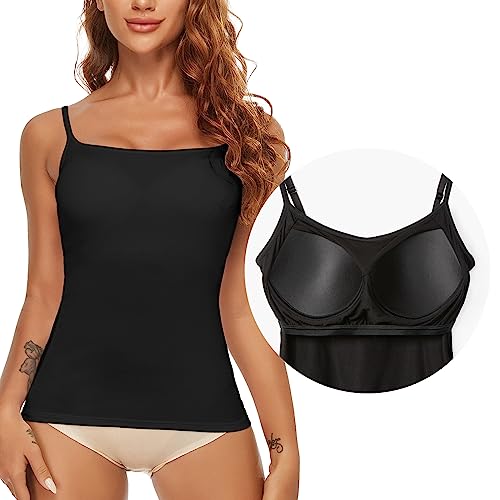 SLIMBELLE Damen BH Hemd Unterhemd Spaghettiträger Top Ohne Bügel Unterhemden mit BH Integriert Basic Polster Trägertop Padded Camisole Hemdchen mit Cups Einsatz Bustier Bralette Shirt(Schwarz,XL) von SLIMBELLE