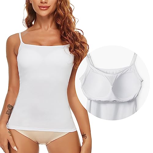 SLIMBELLE Damen BH Hemd Unterhemd Spaghettiträger Top Ohne Bügel Unterhemden mit BH Integriert Basic Trägertop Weiß Seamless Hemdchen mit Cups Einsatz Camisole Bustier Bralette Shirt(Weiß,S) von SLIMBELLE