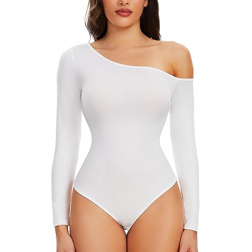 SLIMBELLE Damen Body Langarm Bodysuit Damen Body Elegant Bodysuit Women Schräger Ausschnitt Schulterfreies Oberteil Damen (Olivgrün, S) von SLIMBELLE