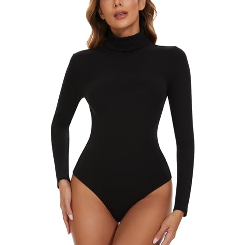 SLIMBELLE Damen Body Langarm Bodysuit Rollkragen Jumpsuit Elegant Shaping Body Langarmshirt Schmal Body Langarm Damen (R-Schwarz, M) von SLIMBELLE