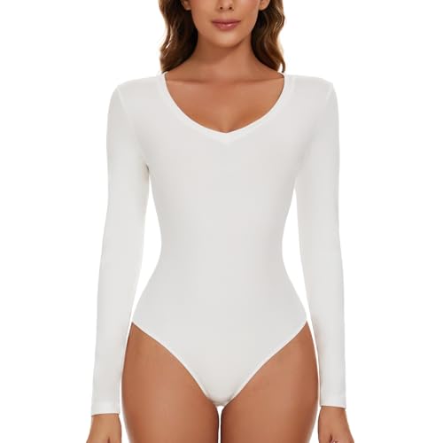 SLIMBELLE Damen Body Langarm V-Ausschnitt Langärmelige Bodysuit Elegant Sexy Langarmbody Oberteil Bustier Schmal Bodysuits Tops Bodys für Damen von SLIMBELLE