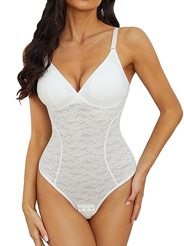 SLIMBELLE Shapewear Damen Bodysuit Bauchweg Spitze rückenfreier Formender Shaper Tanga Bodysuit Miederbody mit Verstellbarer SchultergurtWeiß XXL von SLIMBELLE