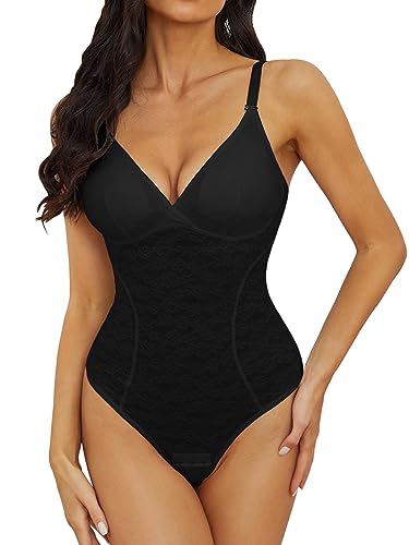 SLIMBELLE Shapewear Damen Bodysuit Bauchweg Spitze rückenfreier Formender Shaper Tanga Bodysuit Miederbody mit Verstellbarer SchultergurtSchwarz L von SLIMBELLE