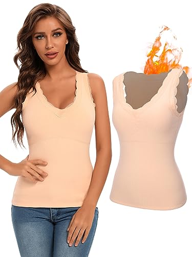 SLIMBELLE Thermo Tank Top Dame Innenfleece Ärmellos Oberteil Warm Thermo Spitze Shirt Elastische Base Layer Sleeveless Top Thermounterwäsche Warme Funktionsunterwäsche Beige-2 XXL von SLIMBELLE