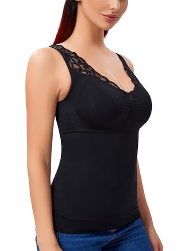 SLIMBELLE Damen Unterhemd BH Hemd Seamless Tank Top Bauch Weg V-Ausschnitt Weste Spitze Figurformende Cami Shapewear mit integriertem BH Ohne Bügel Bustier Camisole Schwarz S von SLIMBELLE