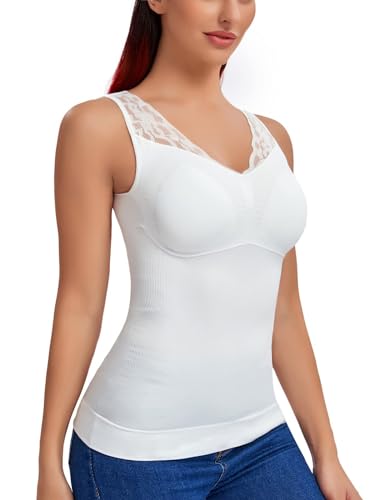 SLIMBELLE Damen Unterhemd BH Hemd Seamless Tank Top Bauch Weg V-Ausschnitt Weste Spitze Figurformende Cami Shapewear mit integriertem BH Ohne Bügel Bustier Camisole Weiß S von SLIMBELLE