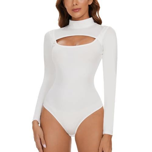 SLIMBELLE Damenbody Hoher Kragen Body Damen Langarm Brust Hohl Sexy Elegant Bodysuit Tops Einteiler Ausschnitt Langarm Bodys (Weiß, XXL) von SLIMBELLE