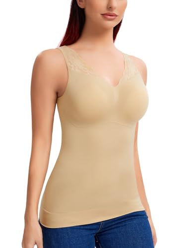 SLIMBELLE Damen Unterhemd BH Hemd Seamless Tank Top Bauch Weg V-Ausschnitt Weste Spitze Figurformende Cami Shapewear mit integriertem BH Ohne Bügel Bustier Camisole Beige S von SLIMBELLE