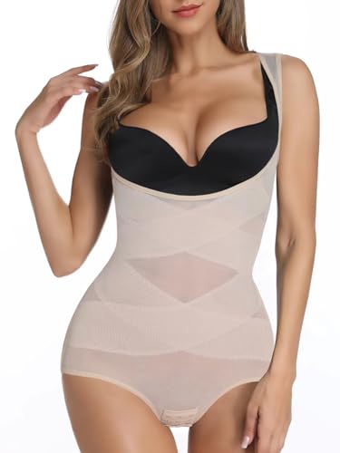 SLIMBELLE Shapewear Damen Bodysuit Leicht Shaping Bauchweg Bodys Figurenformend Nahtlose Body Shaper Brustfrei Miederbody Formbody (Beige, M) von SLIMBELLE