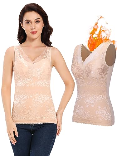 SLIMBELLE Thermo Tank Top Dame Innenfleece Ärmellos Oberteil Warm Thermo Spitze Shirt Elastische Base Layer Sleeveless Top Thermounterwäsche Warme Funktionsunterwäsche Beige-1 M von SLIMBELLE