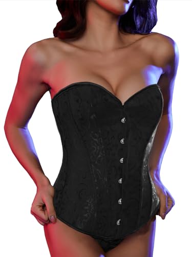 SLIMBELLE Vollbrust Corsage Damen Korsett Top Gothic Vintage Corsagen Bustier Corsette mit Stahlstäbchen Spitze und Faux Leder Corsage mit Tanga Schwarz-Lace S von SLIMBELLE