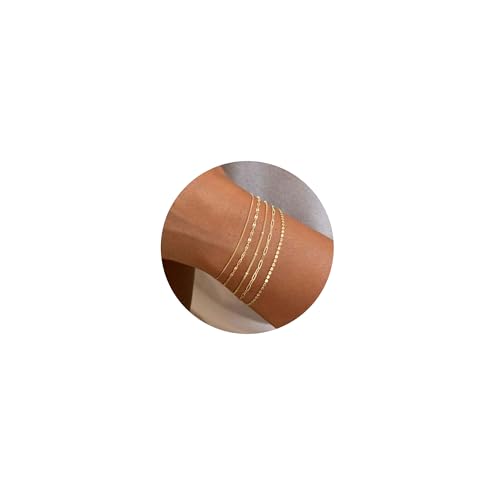 SLOONG 5 Stück Armband Damen Gold 18 Karat Vergoldet Stapelbare Armkette Damen Verstellbare Armbänder Twist Figaro Armband Set Wasserfest Büroklammer Armreif Gold Schmuck für Frauen Mädchen von SLOONG