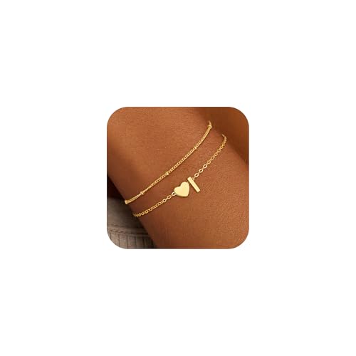 SLOONG Armband Damen Gold, 18K Gold Vergoldet Herz Armband mit Buchstaben Personalisiert Geschichtet Armbänder Verstellbares Armkette Goldschmuck Teenager Mädchen Geschenke für 4 5 6 7 8 9 10 Jahre von SLOONG