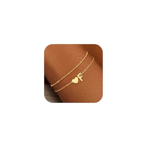 SLOONG Armband Damen Gold, 18K Gold Vergoldet Herz Armband mit Buchstaben Personalisiert Geschichtet Armbänder Verstellbares Armkette Goldschmuck Teenager Mädchen Geschenke für 4 5 6 7 8 9 10 Jahre von SLOONG