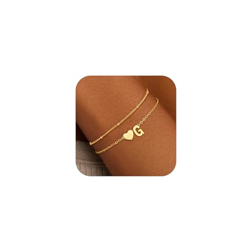 SLOONG Armband Damen Gold, 18K Gold Vergoldet Herz Armband mit Buchstaben Personalisiert Geschichtet Armbänder Verstellbares Armkette Goldschmuck Teenager Mädchen Geschenke für 4 5 6 7 8 9 10 Jahre von SLOONG
