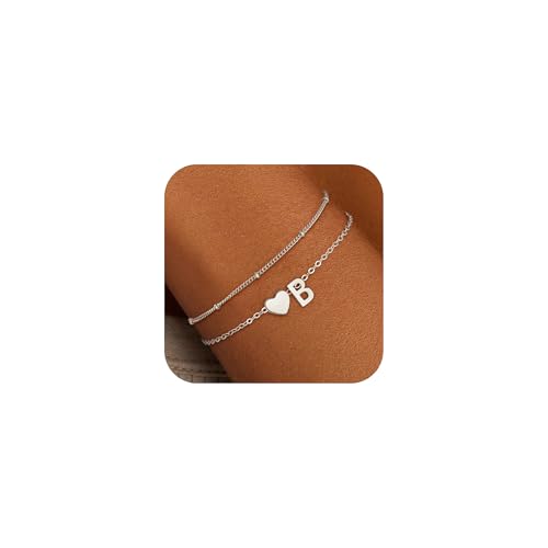 SLOONG Armband Damen Silber, Silber Herz Armband mit Buchstaben Personalisiert Geschichtet Armbänder Verstellbares Monogramm Armkette Damen Silberschmuck Mädchen Geschenke für 4 5 6 7 8 9 10 11 Jahre von SLOONG