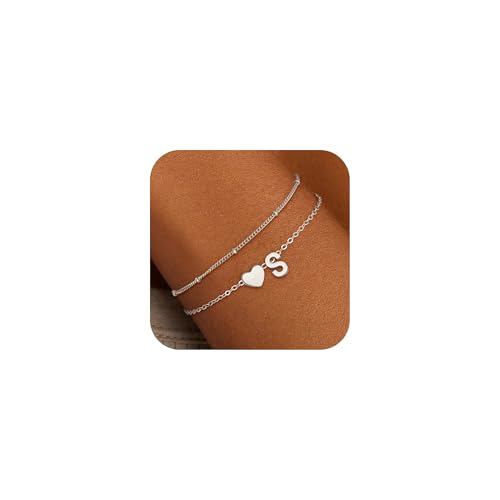 SLOONG Armband Damen Silber, Silber Herz Armband mit Buchstaben Personalisiert Geschichtet Armbänder Verstellbares Monogramm Armkette Damen Silberschmuck Mädchen Geschenke für 4 5 6 7 8 9 10 11 Jahre von SLOONG