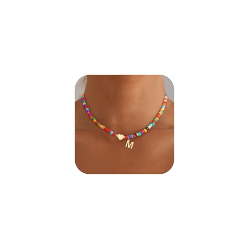 SLOONG Kette mit Buchstaben für Damen - Bunte Perlenkette Geburtstagsgeschenk für Teenager Mädchen Geschenke, Personalisierte M Choker Kette Damen Schmuck Geschenk Mädchen 3 4 5 6 7 8 9 10 11 12 Jahre von SLOONG