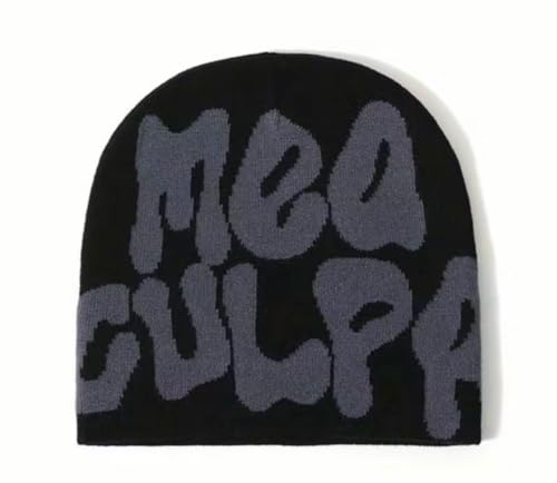 SLOTHCITY Großhandel Unisex All Over Stricken Jacquard Beanie Meaculpa Brief Acryl Strickmütze, schwarz und grau, Einheitsgre von SLOTHCITY