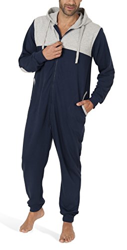 SLOUCHER - Herren Jumpsuit Onesie Overall Einteiler Hausanzug aus Baumwolle mit Reißverschluss und Kapuze, Farbe:Navy, Größe:L von SLOUCHER