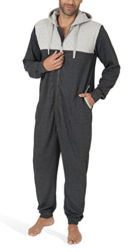 SLOUCHER - Herren Jumpsuit Onesie Overall Einteiler Hausanzug aus Baumwolle mit Reißverschluss und Kapuze, Farbe:anthrazit-Melange, Größe:L von SLOUCHER