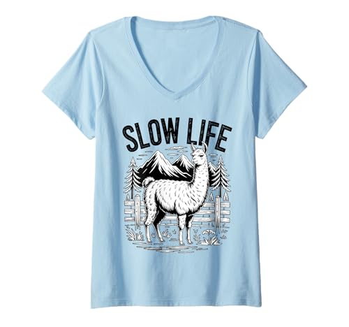 Damen Slow Life X Entspanntes Leben. Berge Natur Alpaka Lama T-Shirt mit V-Ausschnitt Damen Slow Life X Entspanntes Leben. Berge Natur Alpaka Lama T-Shirt mit V-Ausschnitt von SLOW LIFE X Entspanntes Leben. Berge Alpaka Lama