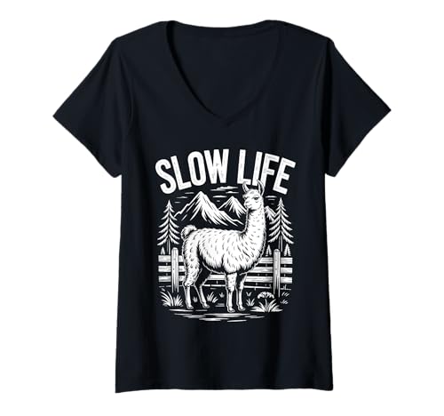 Damen Slow Life X Entspanntes Leben. Berge Natur Alpaka Lama T-Shirt mit V-Ausschnitt von SLOW LIFE X Entspanntes Leben. Berge Alpaka Lama