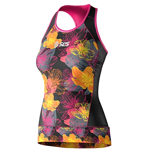 SLS3 Damen Triathlon Top Shirt Tri Jersey Tank Oberteil FX Print | Designed by Athletes (Black/Sunrise Blooms, Medium) von SLS3