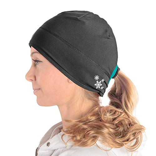 SLS3 Laufmütze mit Pferdeschwanzöffnung Damen Beanie Fleecemütze Funktionsmütze mit Zopfloch (Black/Martinica Blue) von SLS3