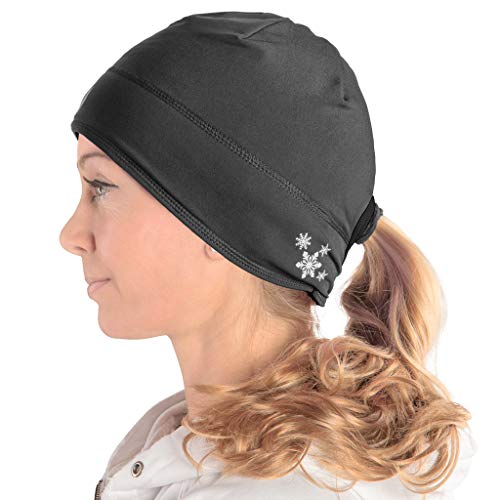 SLS3 Laufmütze mit Pferdeschwanzöffnung Damen Beanie Fleecemütze Funktionsmütze mit Zopfloch (Jet Black) von SLS3