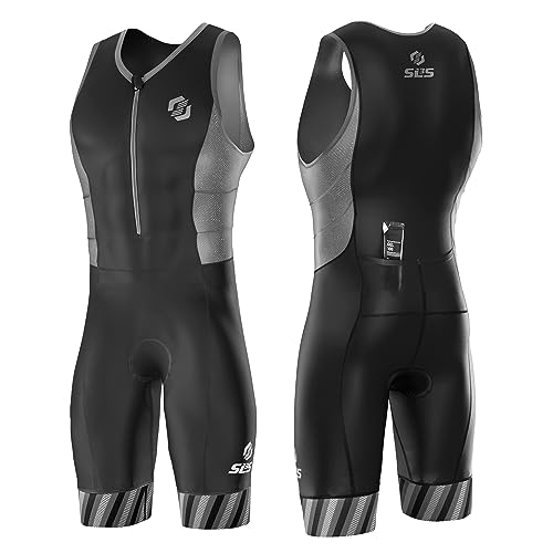 SLS3 Triathlon Einteiler Herren | FRT Trisuit | 2 Taschen | Wettkampf Triathlonanzug | Tri Anzug Frontreißverschluss (Black/Gray Stripes, S) von SLS3