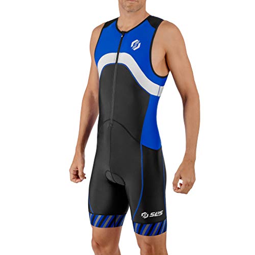 SLS3 Triathlon Einteiler Herren | FX Trisuit | 2 Taschen | Wettkampf | Frontreißverschluss | Schwarz (Black/Blue Stripes, M) von SLS3