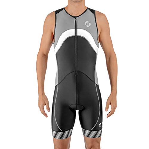 SLS3 Triathlon Einteiler Herren | FX Trisuit | 2 Taschen | Wettkampf | Frontreißverschluss | Schwarz (Black/Gray Stripes, L) von SLS3