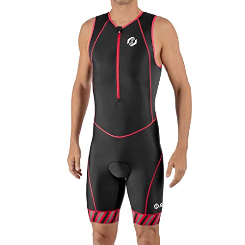 SLS3 Triathlon Einteiler Herren – Trisuit – Tri Anzug – Triathlonanzug FRT 2.0 – Designed by Athletes (Black/Red Stripes, L) von SLS3