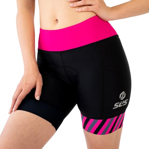 SLS3 Triathlon Hose Damen | Tri Bike Shorts | Schwarz | Tri Short Frauen FRT Solid | Designed by Athletes (Black/Bright Rose Stripes, Large) von SLS3