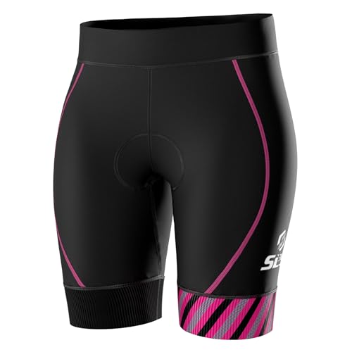 SLS3 Triathlon Hose Damen | Tri Bike Shorts | Schwarz | Tri Short Frauen FX Solid | Designed by Athletes (Black/Bright Rose Stripes, Large) von SLS3