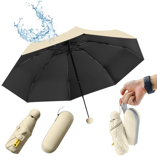 SLTAXAR Kompakter Regenschirm Sturmfest mit 8 Rippen Taschenschirm Beige Mini Umbrella Pocket Taschenschirme Faltender UV-Regenschirm Minischirm Leicht Mini Schirm Damen Perfekt für Jede Handtasche von SLTAXAR