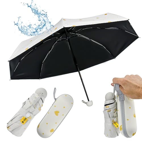 SLTAXAR Kompakter Regenschirm Sturmfest mit 8 Rippen Taschenschirm Weiß Herzform Mini Umbrella Pocket Taschenschirme Faltender UV-Regenschirm Minischirm Leicht Mini Schirm Damen für Handtasche von SLTAXAR