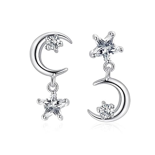 FarryDream 925 Sterling Silber CZ Tropfen Ohrringe für Damen Mädchen funkelnde Stern Mond Ohrringe Kristall Ohrringe baumeln asymmetrisch von SLUYNZ