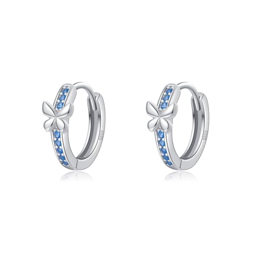SLUYNZ 925 Sterling Silber Blau CZ Schmetterling Ohrringe Creolen für Damen Mädchen Schmetterling Creolen Huggie (A-Silber) von SLUYNZ