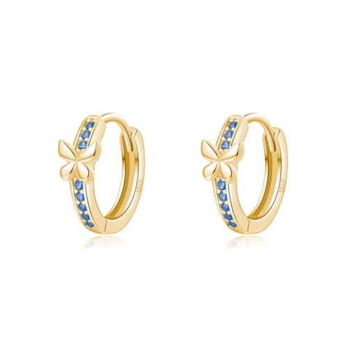 SLUYNZ 925 Sterling Silber Blau CZ Schmetterling Ohrringe Creolen für Damen Mädchen Schmetterling Creolen Huggie (B-Gold) von SLUYNZ