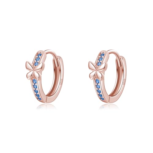 SLUYNZ 925 Sterling Silber Blau CZ Schmetterling Ohrringe Creolen für Damen Mädchen Schmetterling Creolen Huggie (C-Rose Gold) von SLUYNZ