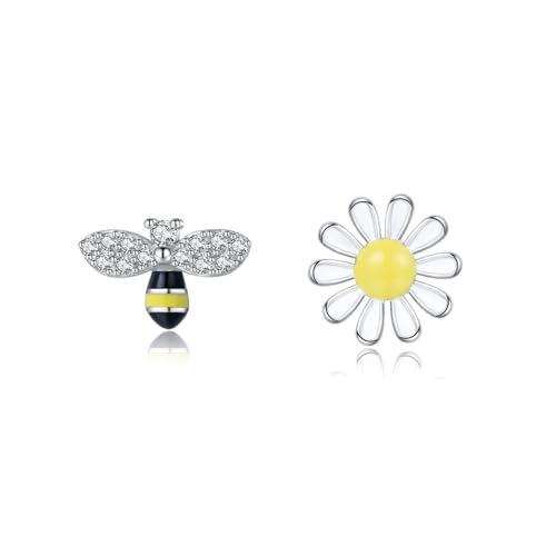 SLUYNZ 925 Sterling Silber Blume Biene Ohrstecker für Damen Mädchen Gänseblümchen Blume Biene Ohrringe Sommer Frühling (A-Silver) von SLUYNZ